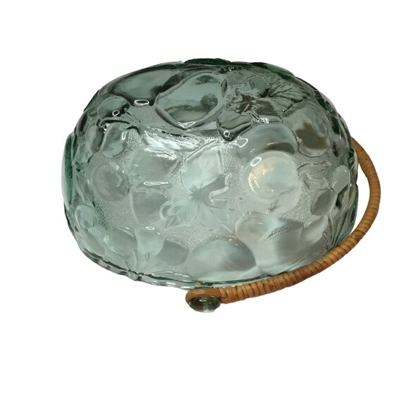 Vintage Indiana Glass Co Green Fruit Embossed Bowl Basket with Rattan Handle - Picture 3 of 6